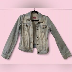 Hollister Light Wash Denim Distressed Jacket Floral Lined Womens Size Small